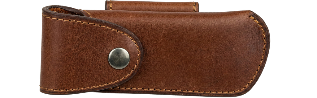 Étui cuir naturel pour couteau pliant L'âme des montagnes – port ceinture horizontal ou vertical – marron.