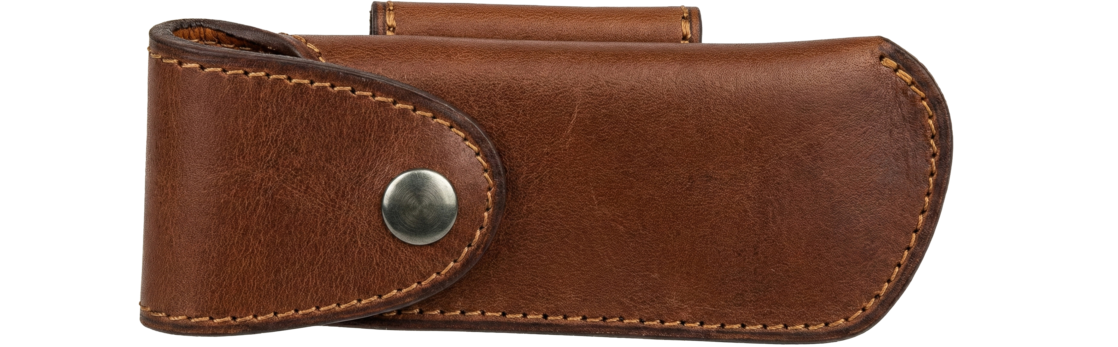 Étui cuir naturel pour couteau pliant L'âme des montagnes – port ceinture horizontal ou vertical – marron.
