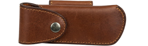 Étui cuir naturel pour couteau pliant L'âme des montagnes – port ceinture horizontal ou vertical – marron.