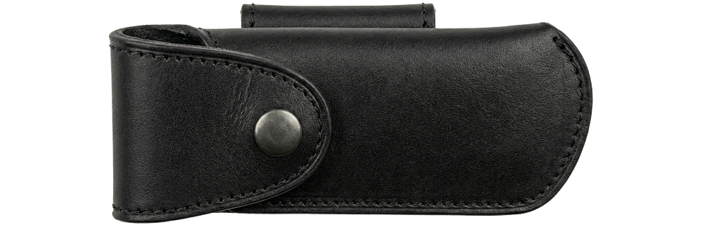 Étui cuir naturel pour couteau pliant L'âme des montagnes – port ceinture horizontal ou vertical – noir.