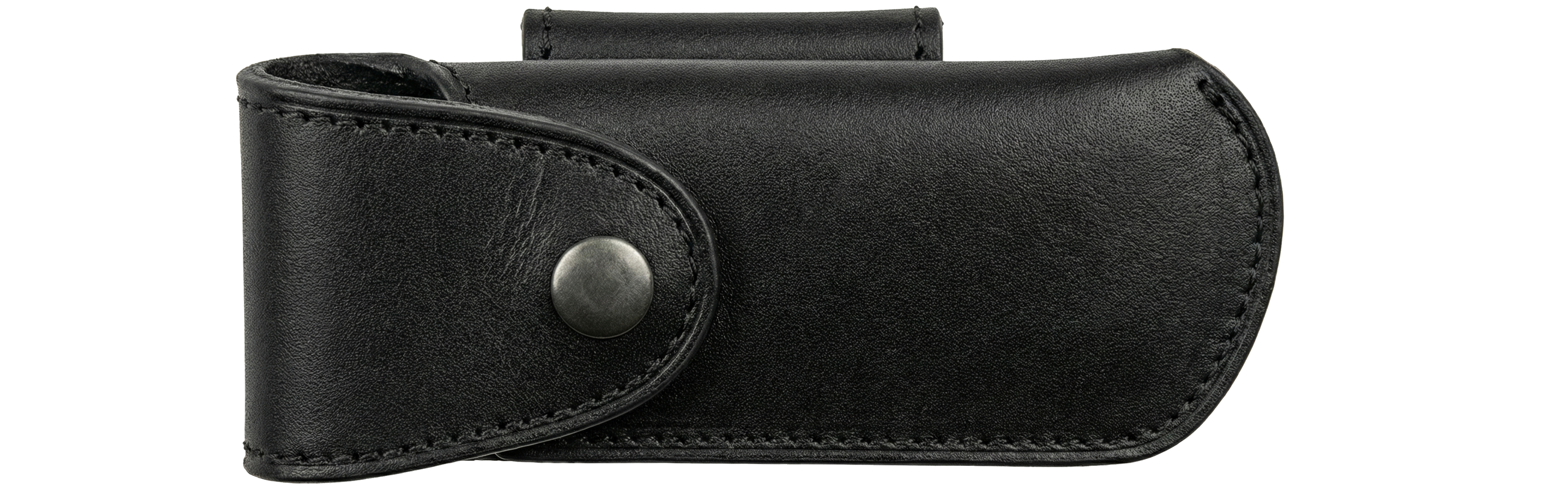 Étui cuir naturel pour couteau pliant L'âme des montagnes – port ceinture horizontal ou vertical – noir.