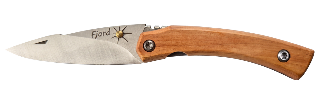Couteau pliant Fjord – lame Carbonox ultra-tranchante 90mm – manche bois genévrier – fabriqué en France - vue de face.