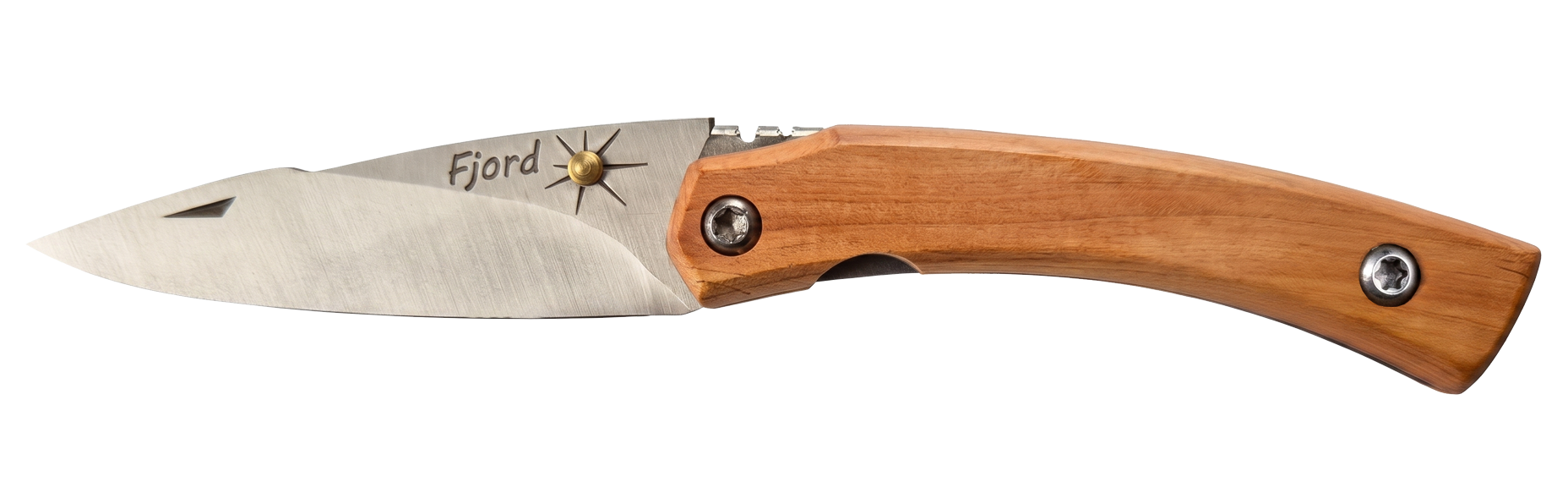 Couteau pliant Fjord – lame Carbonox ultra-tranchante 90mm – manche bois genévrier – fabriqué en France - vue de face.