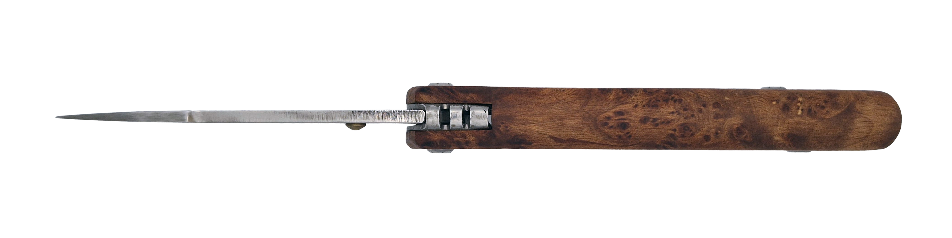 Couteau pliant Fjord – lame Carbonox ultra-tranchante 90mm – manche loupe de thuya – fabriqué en France - vue dessus.