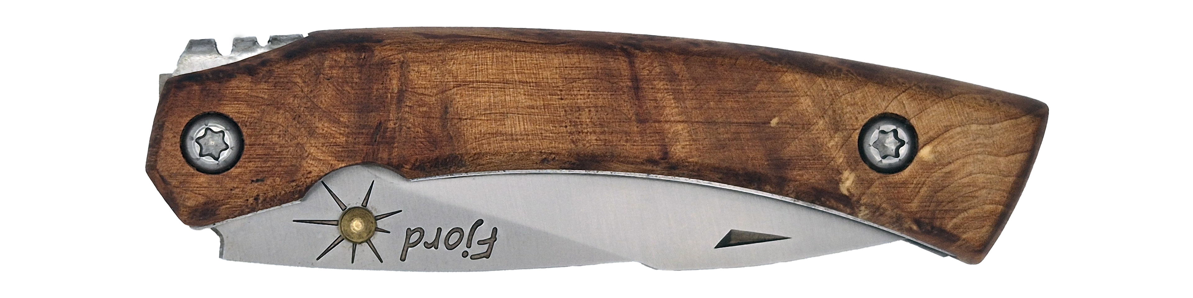Couteau pliant Fjord – lame Carbonox ultra-tranchante 90mm – manche loupe de thuya – fabriqué en France - vue plié.
