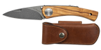 Couteau pliant Le gaulois – lame Carbonox ultra-tranchante 90mm – manche olivier – fabriqué en France - vue de face + étui couteau cuir marron.