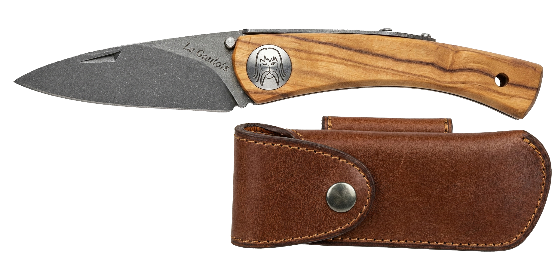 Couteau pliant Le gaulois – lame Carbonox ultra-tranchante 90mm – manche olivier – fabriqué en France - vue de face + étui couteau cuir marron.