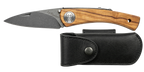 Couteau pliant Le gaulois – lame Carbonox ultra-tranchante 90mm – manche olivier – fabriqué en France - vue de face + étui couteau cuir noir
