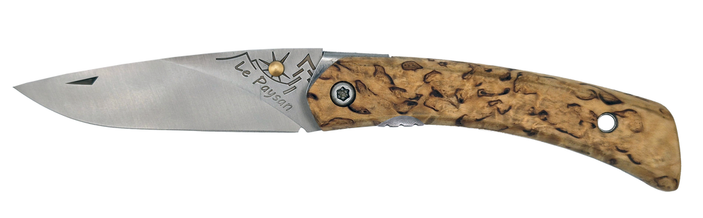 Couteau pliant Le Paysan – lame Carbonox ultra-tranchante 90mm – manche bois bouleau nordique – fabriqué en France - vue de face.