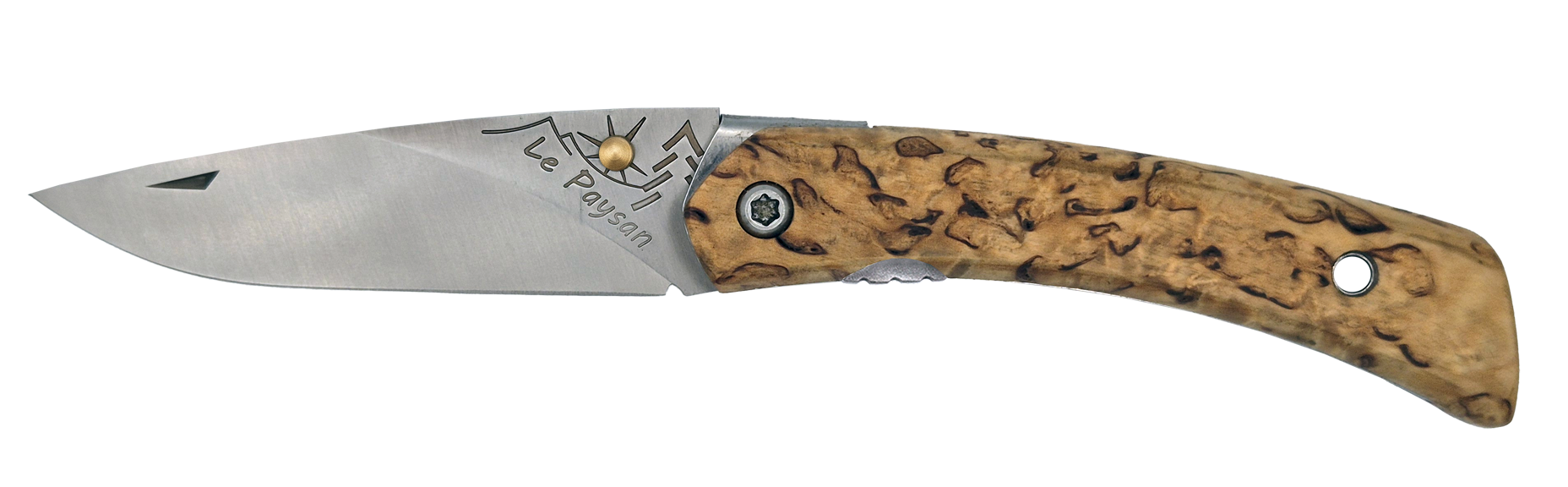 Couteau pliant Le Paysan – lame Carbonox ultra-tranchante 90mm – manche bois bouleau nordique – fabriqué en France - vue de face.