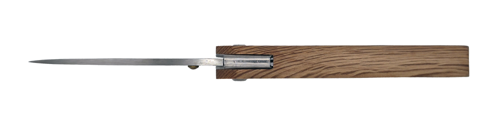 Couteau pliant Le Paysan – lame Carbonox ultra-tranchante 90mm – manche bois chêne vert – fabriqué en France - vue dessus.