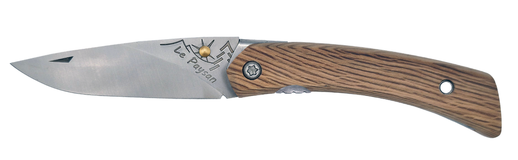 Couteau pliant Le Paysan – lame Carbonox ultra-tranchante 90mm – manche bois chêne vert – fabriqué en France - vue de face.