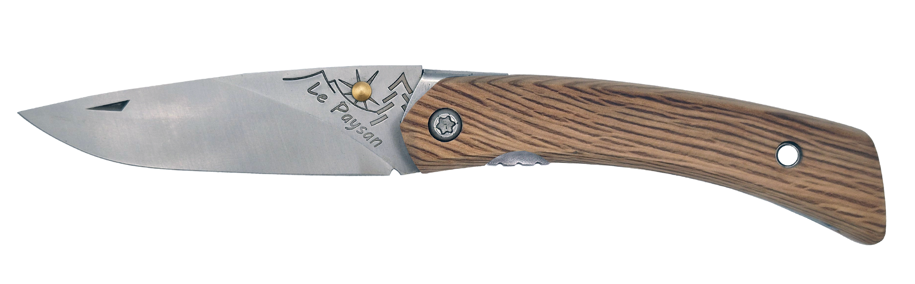Couteau pliant Le Paysan – lame Carbonox ultra-tranchante 90mm – manche bois chêne vert – fabriqué en France - vue de face.