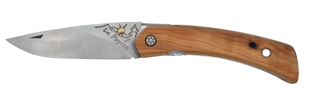 Couteau pliant Le Paysan – lame Carbonox ultra-tranchante 90mm – manche bois genévrier – fabriqué en France - vue de face.