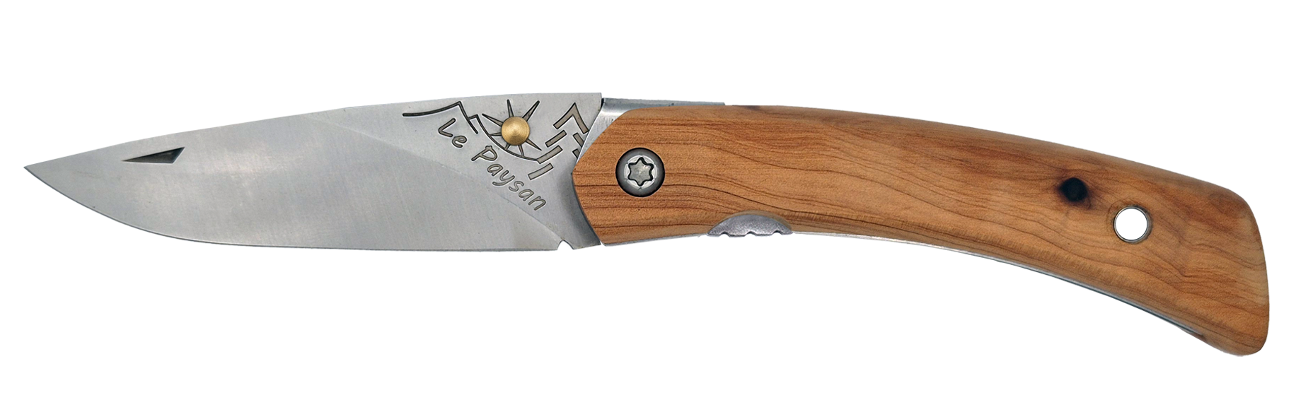 Couteau pliant Le Paysan – lame Carbonox ultra-tranchante 90mm – manche bois genévrier – fabriqué en France - vue de face.
