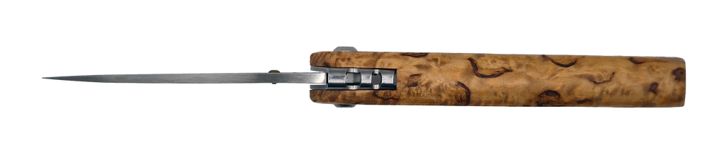Couteau pliant Le Montagnard – lame Carbonox ultra-tranchante 90mm – manche bouleau nordique – fabriqué en France - vue dessus + étui couteau cuir noir