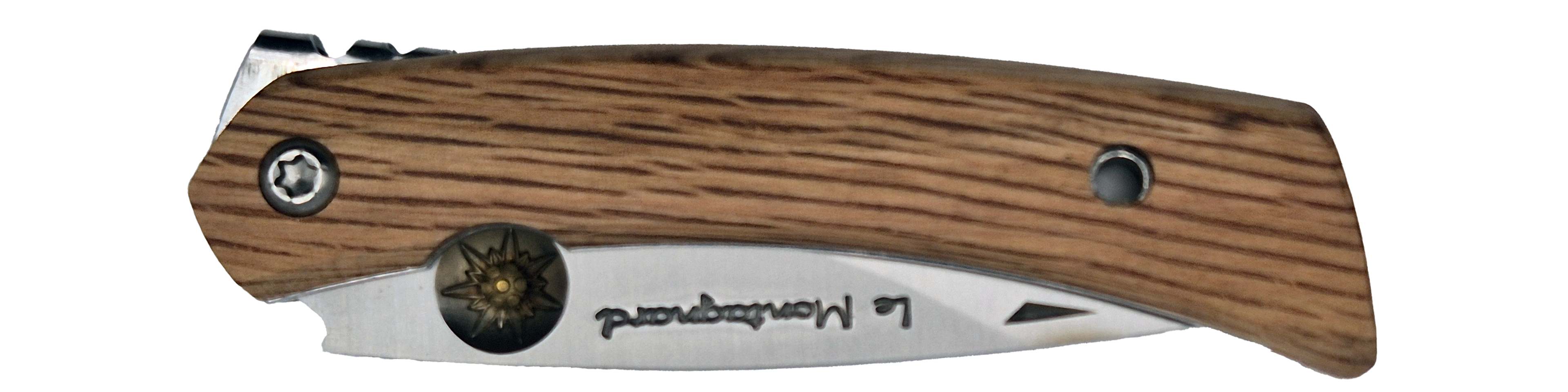 Couteau pliant Le Montagnard – lame Carbonox 90mm gravure edelweiss – manche bois chêne vert – fabriqué en France - Vue plié.