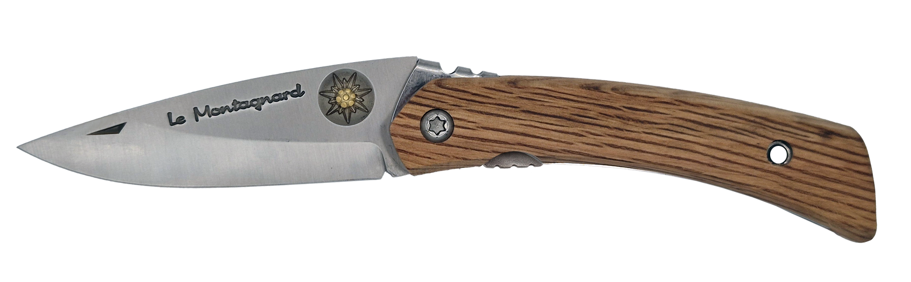 Couteau pliant Le Montagnard – lame Carbonox 90mm gravure edelweiss – manche bois chêne vert – fabriqué en France - Vue de face.