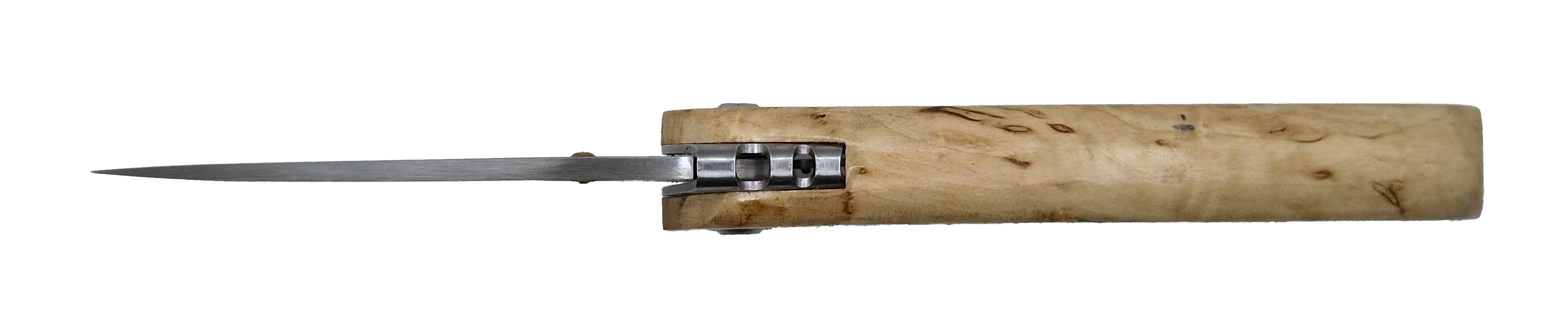 Couteau pliant Le Montagnard – lame Carbonox 90mm gravure edelweiss – manche bois boueau nordique edelweis – fabriqué en France - Vue dessus.