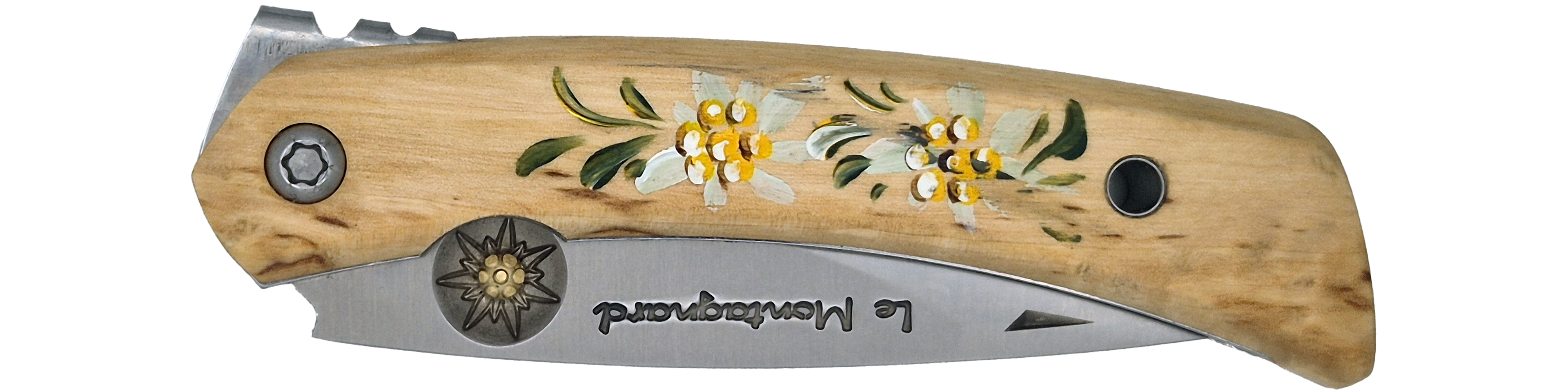Couteau pliant Le Montagnard – lame Carbonox 90mm gravure edelweiss – manche bois boueau nordique edelweis – fabriqué en France - Vue plié.
