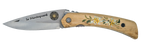 Couteau pliant Le Montagnard – lame Carbonox 90mm gravure edelweiss – manche bois boueau nordique edelweis – fabriqué en France - Vue de face.