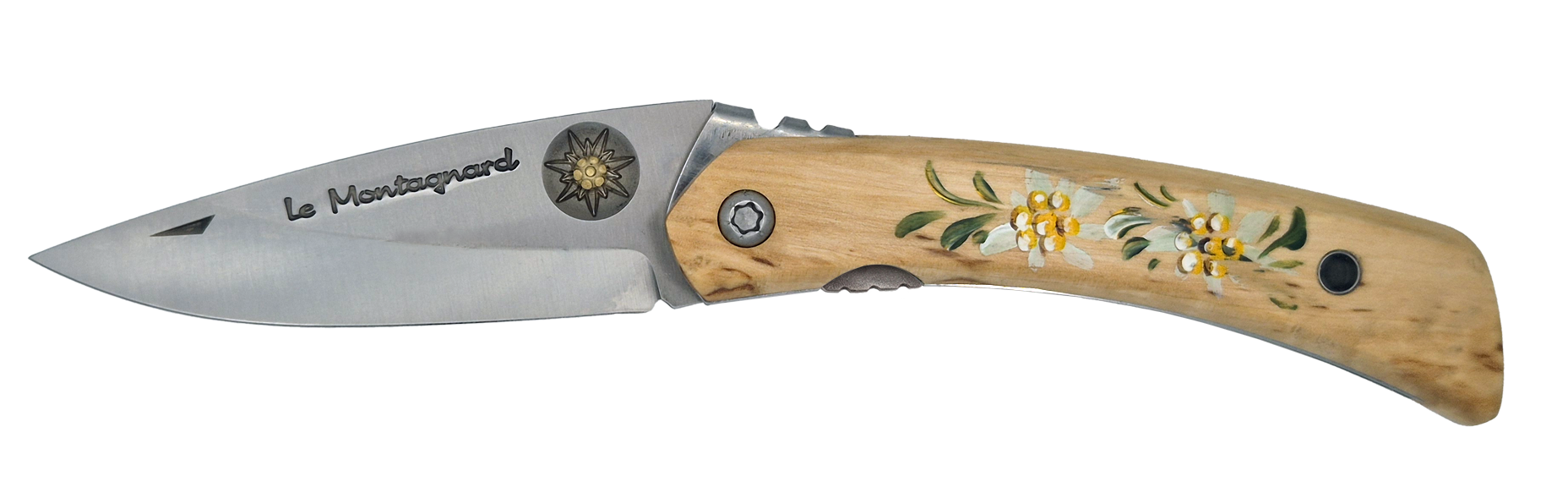 Couteau pliant Le Montagnard – lame Carbonox 90mm gravure edelweiss – manche bois boueau nordique edelweis – fabriqué en France - Vue de face.