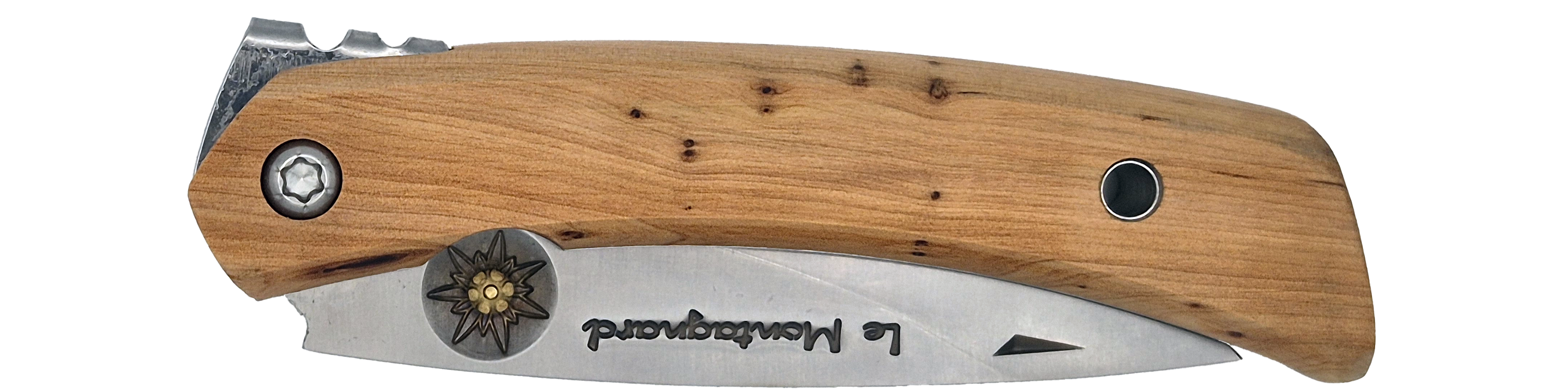 Couteau pliant Le Montagnard – lame Carbonox ultra-tranchante 90mm – manche genévrier – fabriqué en France - vue plié + étui couteau cuir noir
