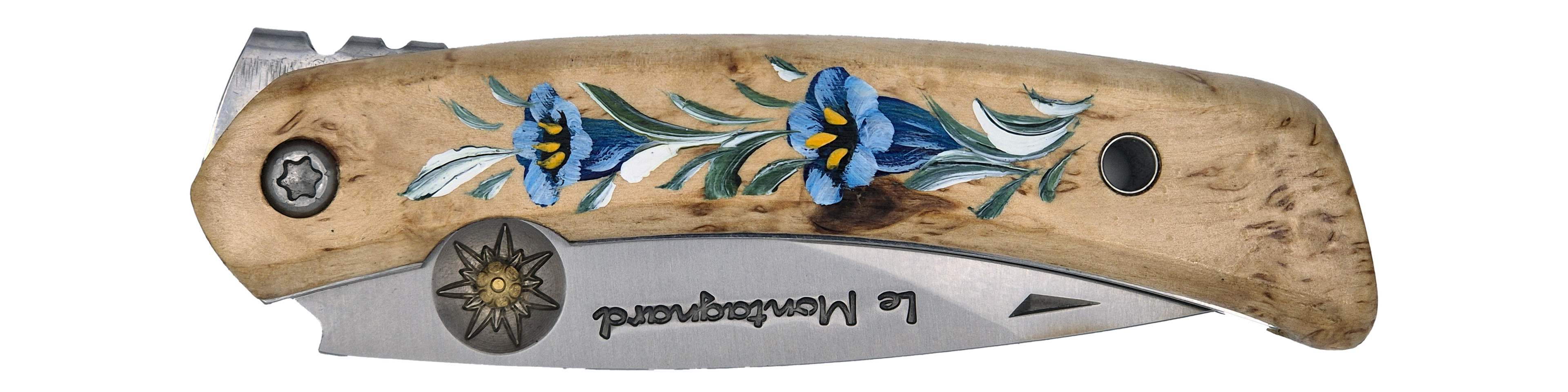 Couteau pliant Le Montagnard – lame Carbonox 90mm gravure edelweiss – manche bois boueau nordique gentiane – fabriqué en France - Vue plié.