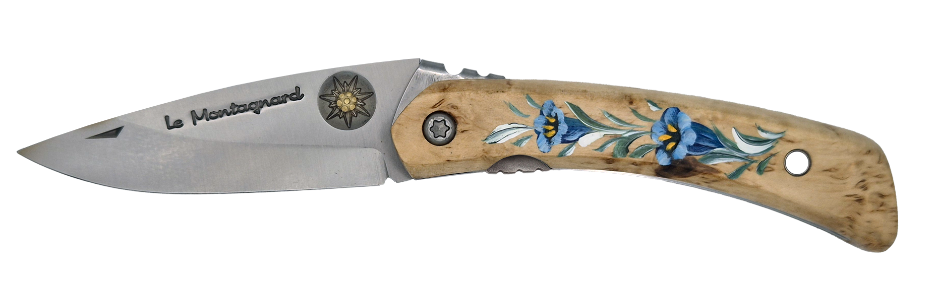 Couteau pliant Le Montagnard – lame Carbonox 90mm gravure edelweiss – manche bois boueau nordique gentiane – fabriqué en France - Vue de face.