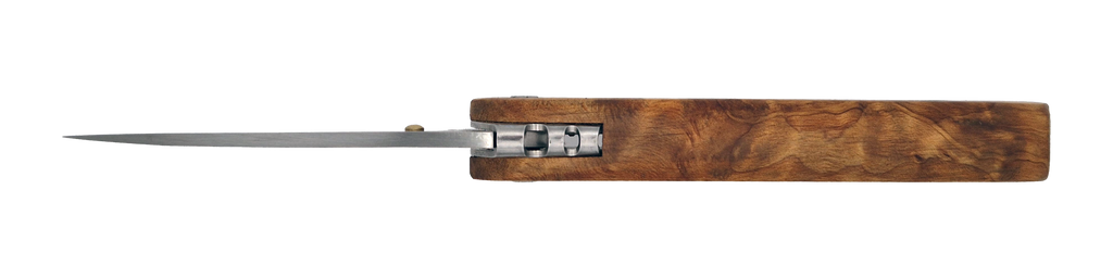 Couteau pliant Le Montagnard – lame Carbonox 90mm gravure edelweiss – manche bois loupe de thuya – fabriqué en France - Vue dessus.