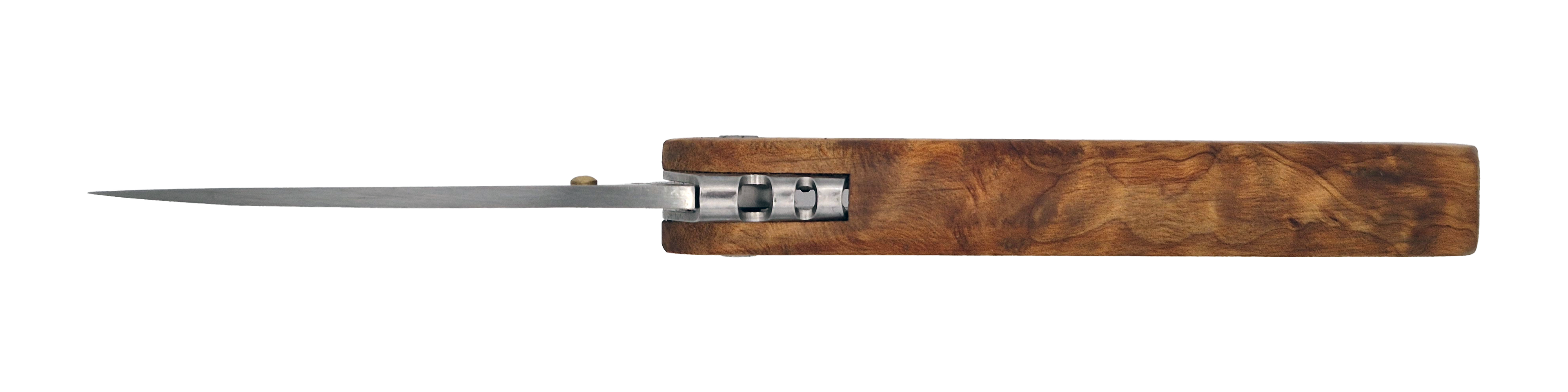 Couteau pliant Le Montagnard – lame Carbonox 90mm gravure edelweiss – manche bois loupe de thuya – fabriqué en France - Vue dessus.