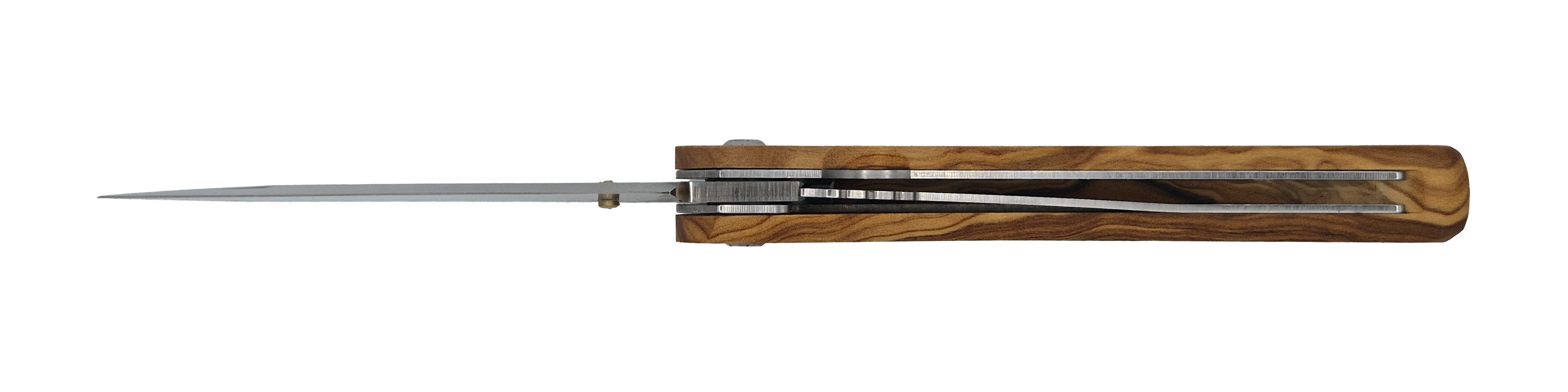 Couteau pliant Le Montagnard – lame Carbonox ultra-tranchante 90mm – manche olivier – fabriqué en France - vue dessous + étui couteau cuir noir