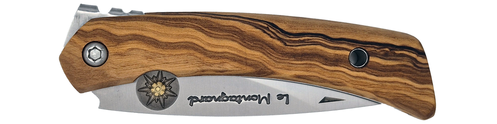 Couteau pliant Le Montagnard – lame Carbonox ultra-tranchante 90mm – manche olivier – fabriqué en France - vue plié + étui couteau cuir noir