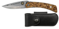 Couteau pliant Le Montagnard – lame Carbonox ultra-tranchante 90mm – manche bouleau nordique – fabriqué en France - vue de face + étui couteau cuir noir
