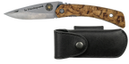 Couteau pliant Le Montagnard – lame Carbonox ultra-tranchante 90mm – manche bouleau nordique – fabriqué en France - vue de face + étui couteau cuir noir