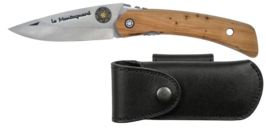 Couteau pliant Le Montagnard – lame Carbonox ultra-tranchante 90mm – manche genévrier – fabriqué en France - vue de face + étui couteau cuir noir