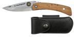 Couteau pliant Le Montagnard – lame Carbonox ultra-tranchante 90mm – manche genévrier – fabriqué en France - vue de face + étui couteau cuir noir