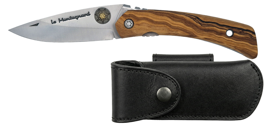 Couteau pliant Le Montagnard – lame Carbonox ultra-tranchante 90mm – manche olivier – fabriqué en France - vue de face + étui couteau cuir noir