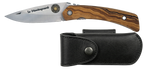Couteau pliant Le Montagnard – lame Carbonox ultra-tranchante 90mm – manche olivier – fabriqué en France - vue de face + étui couteau cuir noir