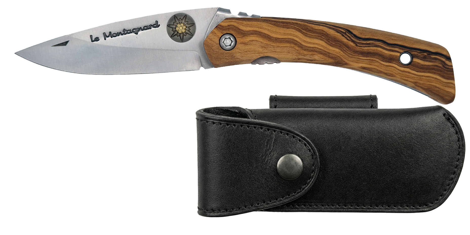 Couteau pliant Le Montagnard – lame Carbonox ultra-tranchante 90mm – manche olivier – fabriqué en France - vue de face + étui couteau cuir noir