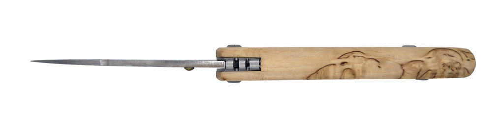 Couteau pliant Taïga – lame Carbonox ultra-tranchante 90mm – manche bouleau nordique – fabriqué en France - vue dessus.