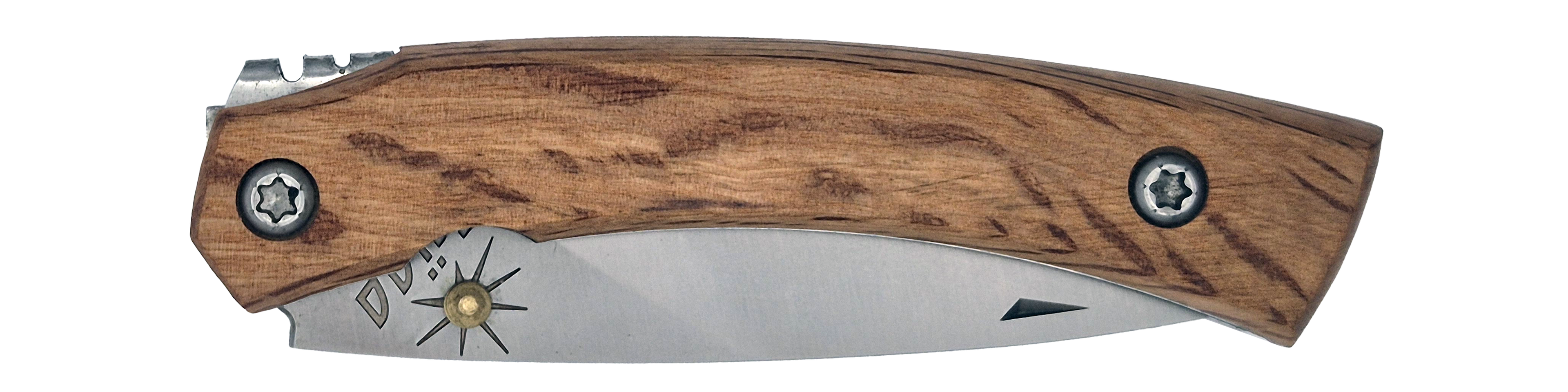 Couteau pliant Taïga – lame Carbonox ultra-tranchante 90mm – manche bois chêne vert – fabriqué en France - vue plié.