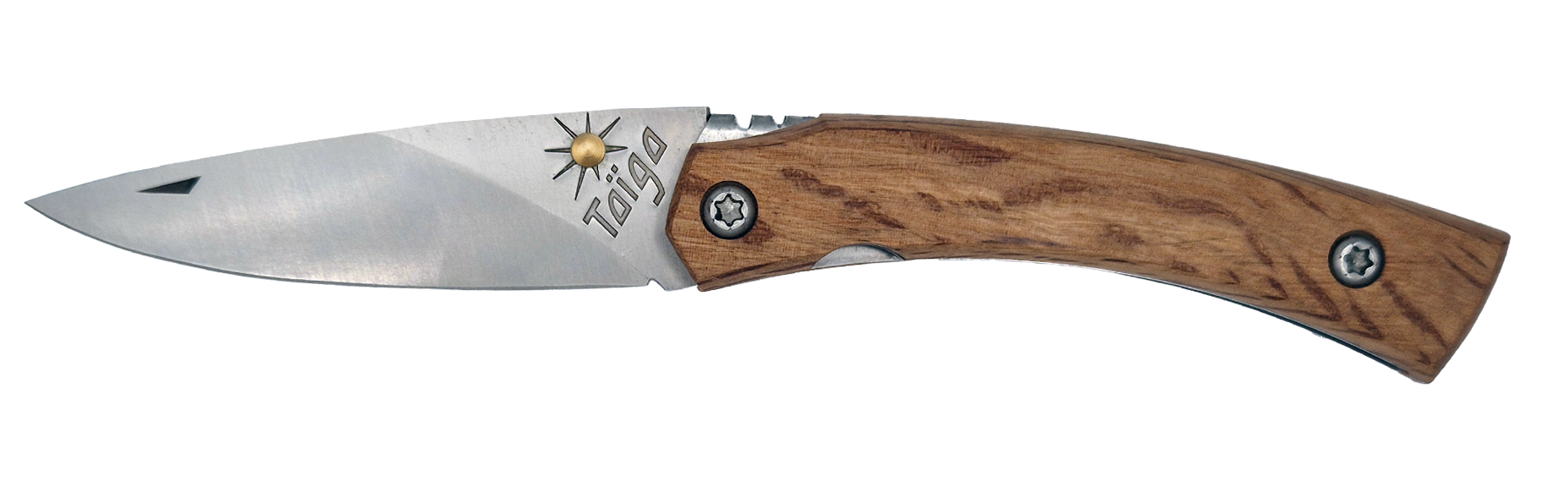 Couteau pliant Taïga – lame Carbonox ultra-tranchante 90mm – manche bois chêne vert – fabriqué en France - vue de face.