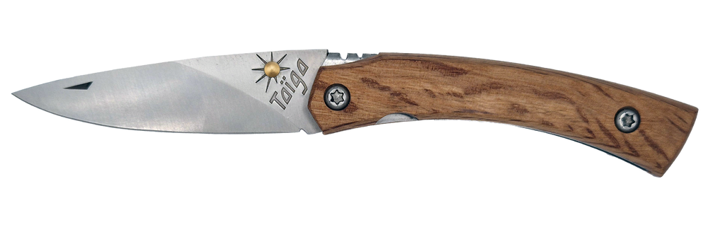 Couteau pliant Taïga – lame Carbonox ultra-tranchante 90mm – manche bois chêne vert – fabriqué en France - vue de face.
