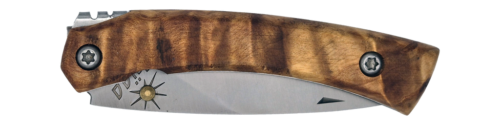 Couteau pliant Taïga – lame Carbonox ultra-tranchante 90mm – manche loupe de thuya – fabriqué en France - vue plié.