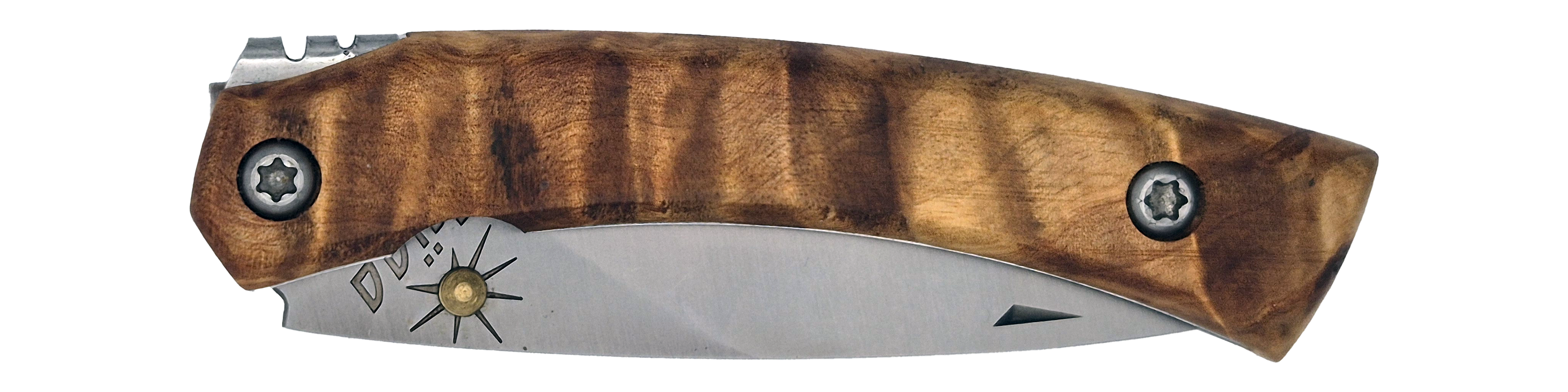 Couteau pliant Taïga – lame Carbonox ultra-tranchante 90mm – manche loupe de thuya – fabriqué en France - vue plié.