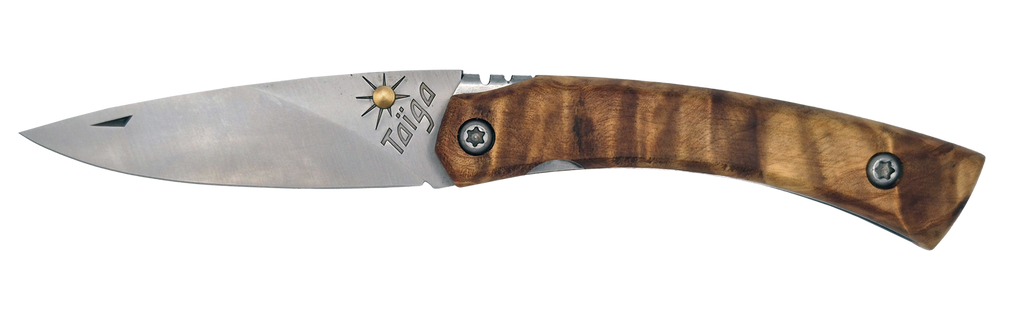 Couteau pliant Taïga – lame Carbonox ultra-tranchante 90mm – manche loupe de thuya – fabriqué en France - vue de face.