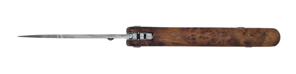 Couteau pliant Taïga – lame Carbonox ultra-tranchante 90mm – manche loupe de thuya – fabriqué en France - vue dessus.
