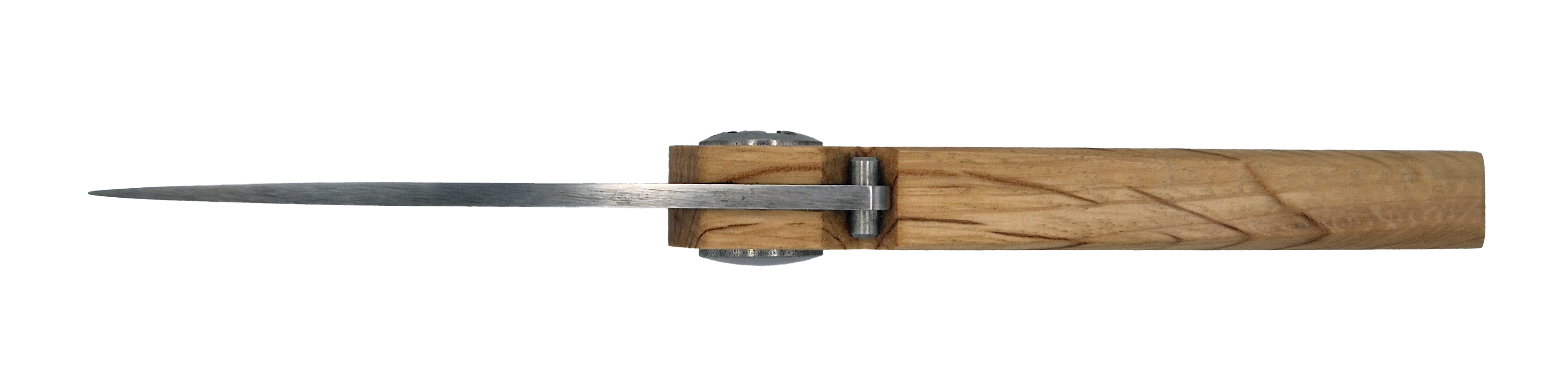 Couteau pliant Vercingétorix – lame Carbonox ultra-tranchante 90mm – manche bois chêne vert – fabriqué en France - vue dessus.