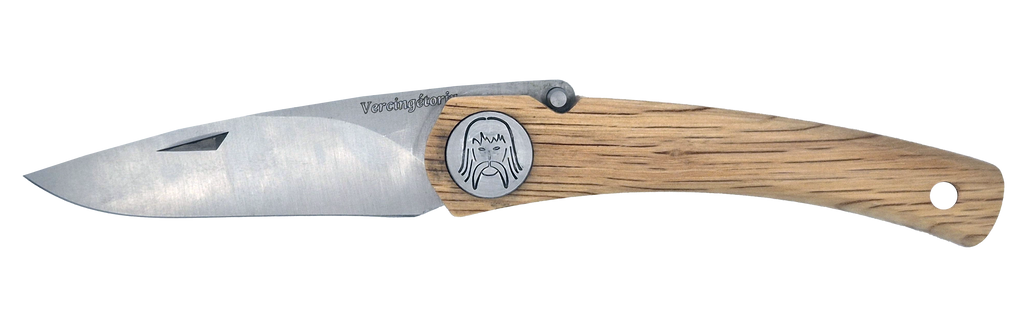 Couteau pliant Vercingétorix – lame Carbonox ultra-tranchante 90mm – manche bois chêne vert – fabriqué en France - vue de face.